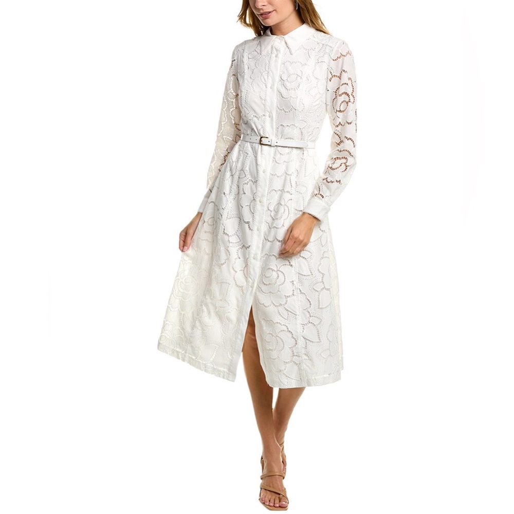 NWT Toccin Ivy Floral Lace Midi Collared Shirt Dress In Optic White | Size 4
